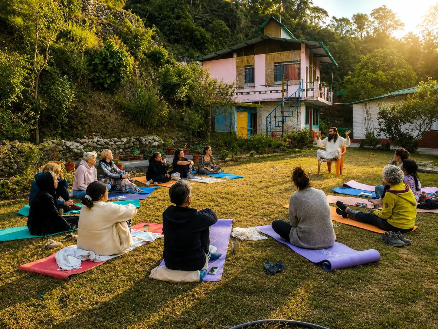 500 Hour Yoga Teacher Training in Rishikesh — students in morning practice at Maunvan ashram
